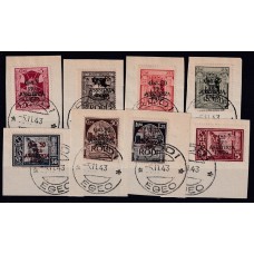 COLONIAS ITALIANAS RODI OCUPACION ALEMANA 1943 SERIE COMPLETA DE ESTAMPILLAS USADAS EN FRAGMENTOS SEGUNDA GUERRA MUNDIAL CON GARANTIA AL DORSO, EN SASSONE 300 €